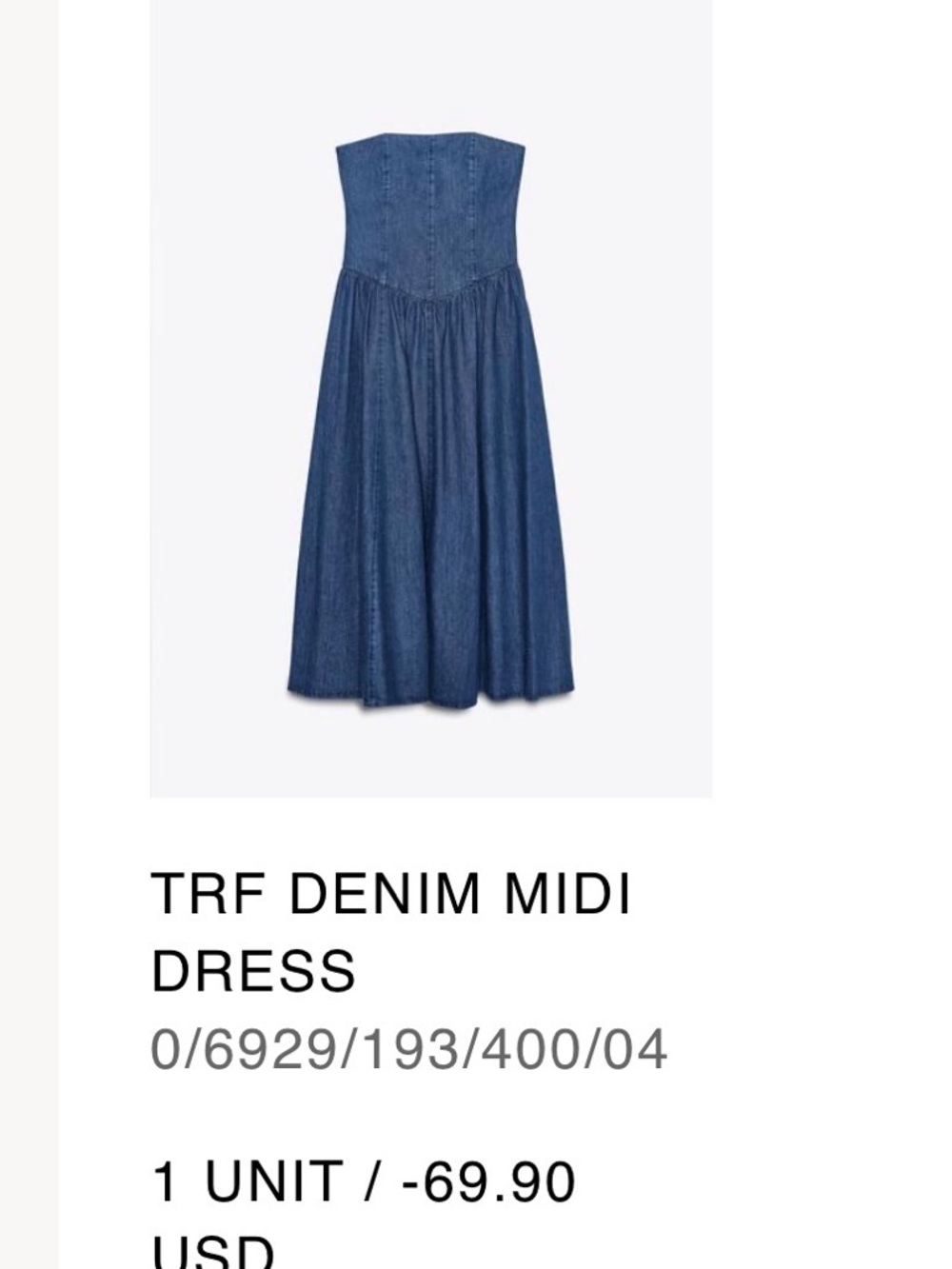 Zara Blue Denim Strapless Midi Dress